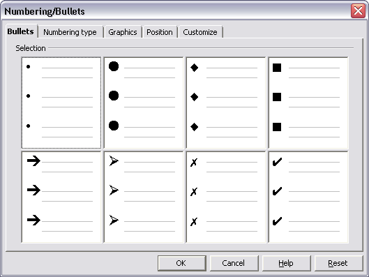 Numbering/Bullets Dialog Box: Bullets Tab