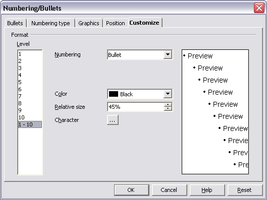 Numbering/Bullets Dialog Box: Customize Tab