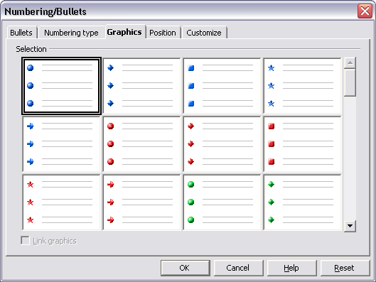 Numbering/Bullets Dialog Box: Graphics Tab