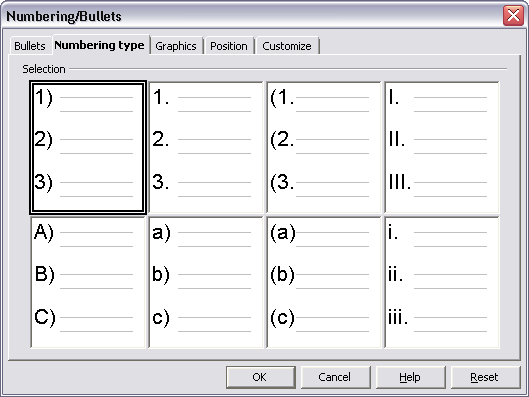 Numbering/Bullets Dialog Box: Numbering Type Tab