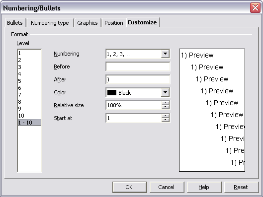 Numbering/Bullets Dialog Box: Customize Tab