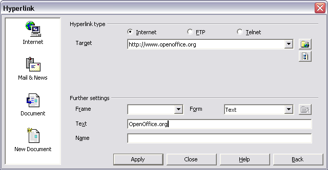 Hyperlink Dialog Box