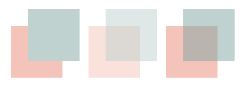 Left: two partly overlapping opaque squares of different colour. Centre: two partly overlapping squares of the same colours with transparency added. Right: two partly overlapping squares with darker colours compensated for transparency.