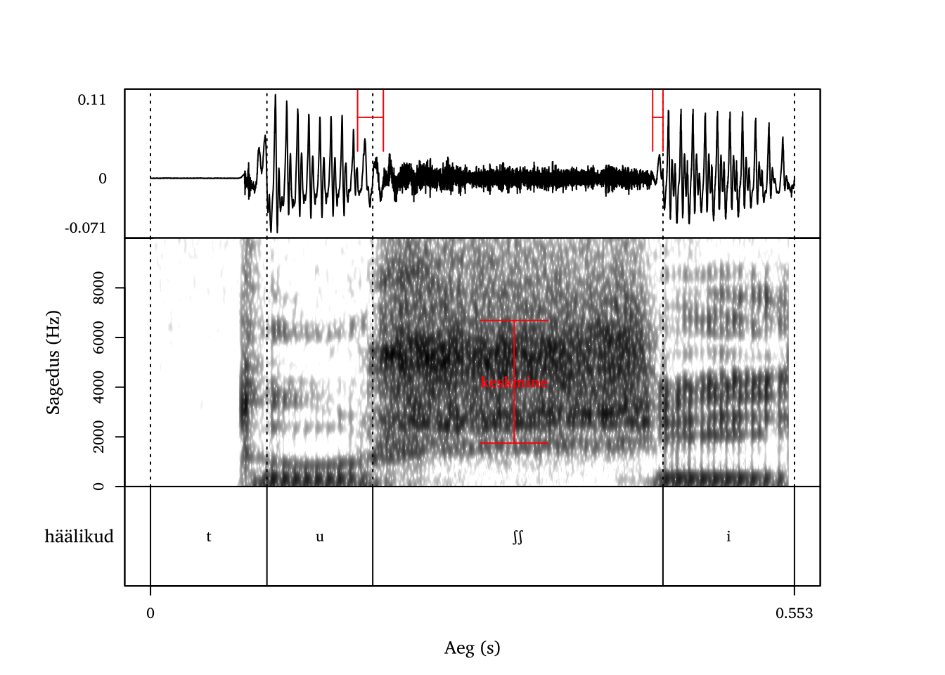 Helitu postalveolaarne frikatiiv /ʃ/ sõnas tuši.
