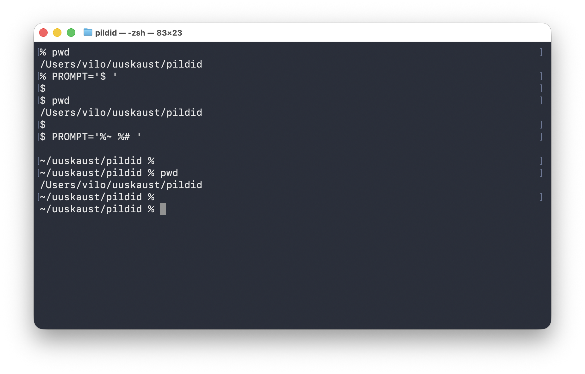 Terminali näide, kus prompt tehakse järjest lühemaks: kõigepealt on näha pikk tee, siis ainult `$` ja lõpuks lühike kuju `~/uuskaust/pildid %`.